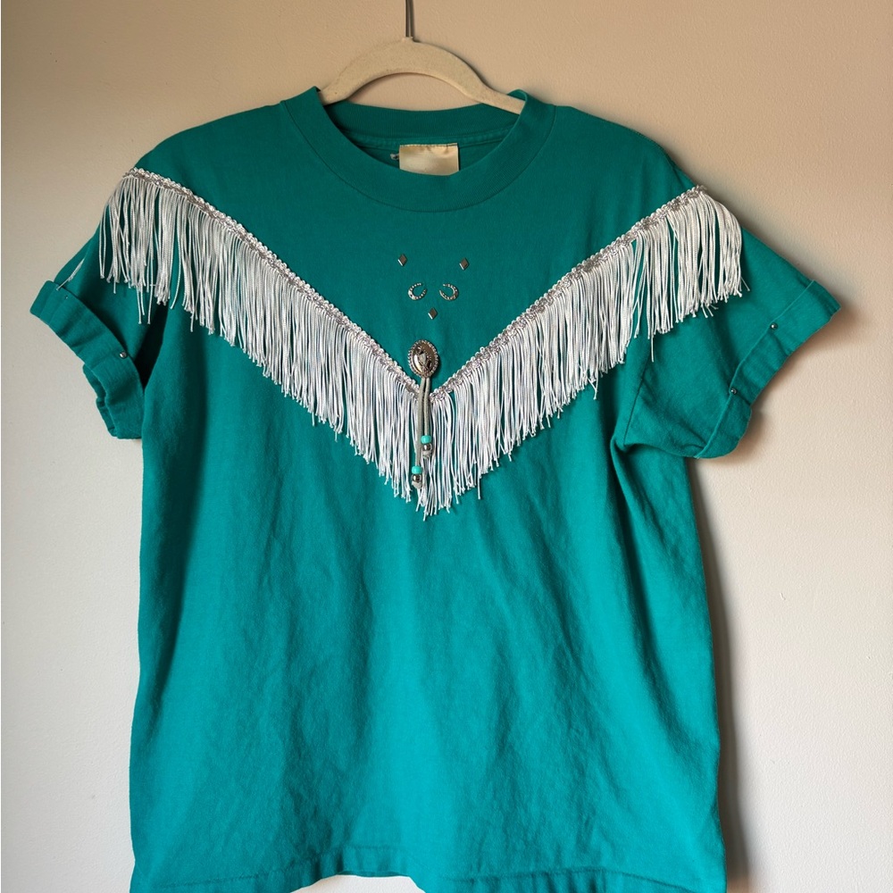 Vintage 90’s Teal Fringe T-Shirt Festival Wear Festival Vibes